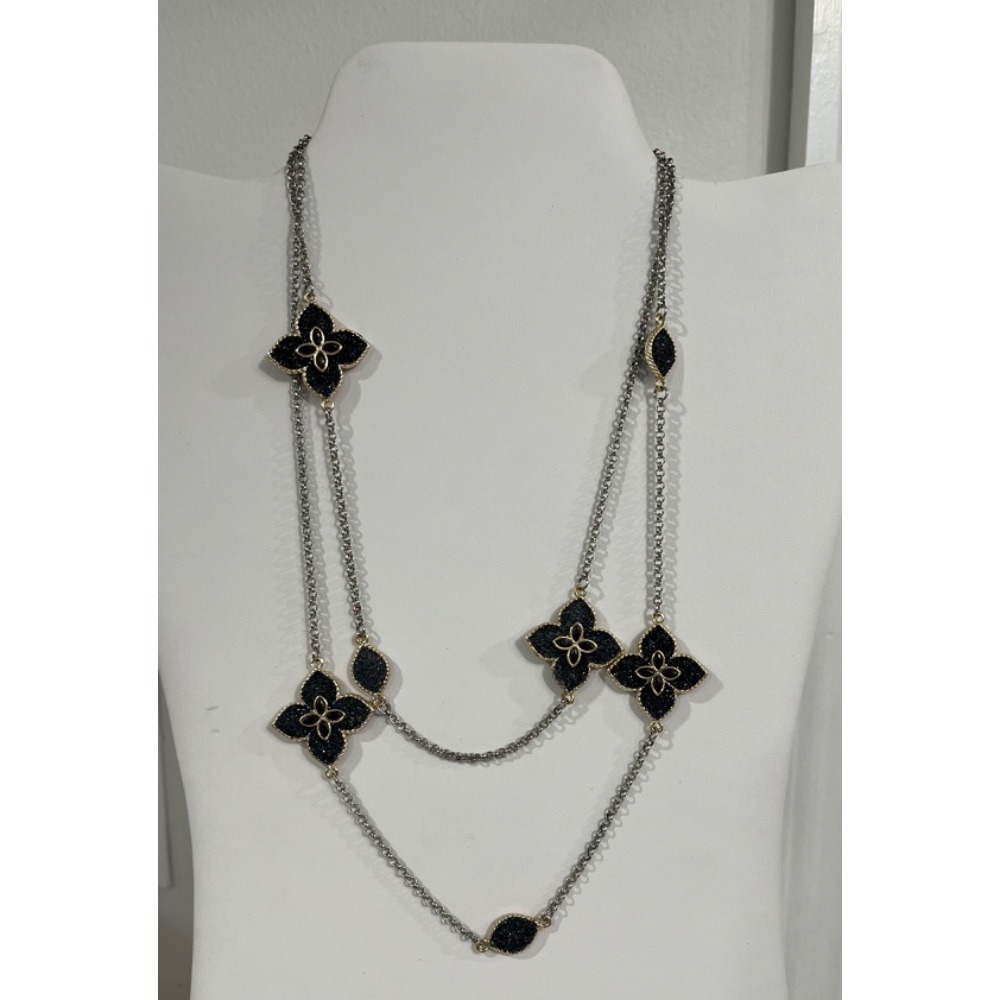 Long Station Necklace Black Clover Flower Druzy Pendant Chain Women's - Picture 5 of 5